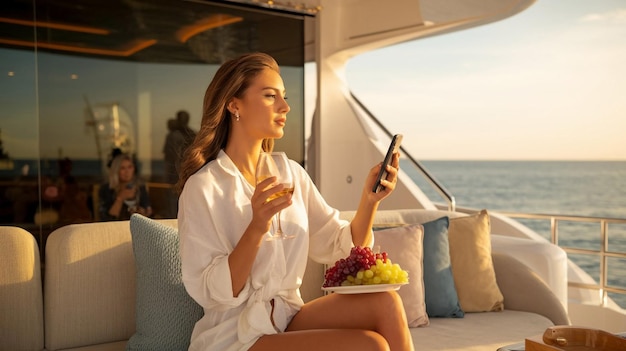 a woman is sitting on a boat with a phone and a glass of wine