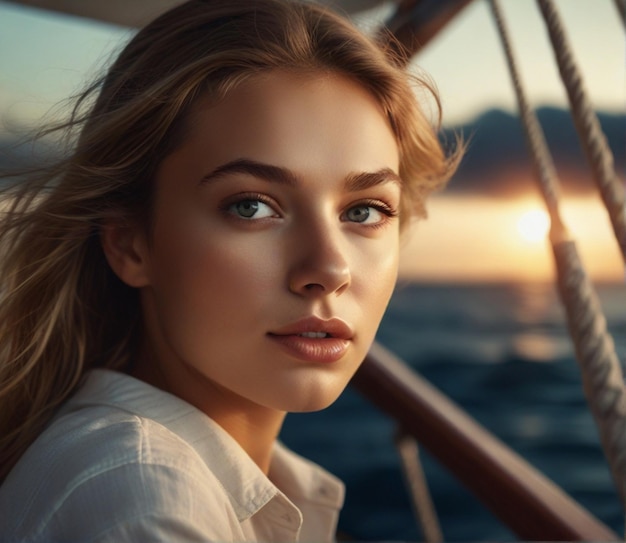 a woman is sitting on a boat with the sun setting behind her