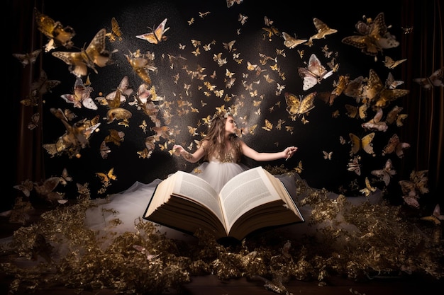 A woman is sitting on a book and the word " butterflies " is shown.