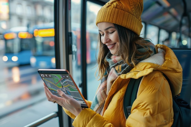 Photo a woman is sitting on a bus and looking at a map