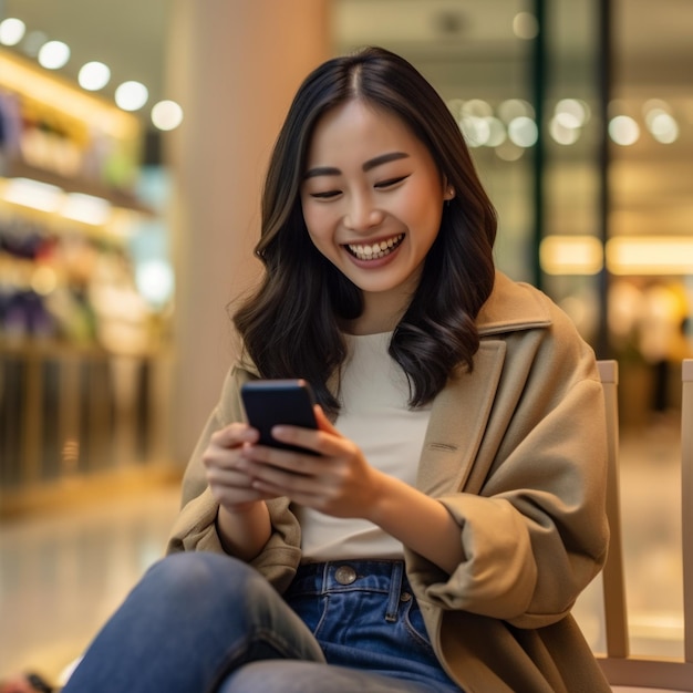 a woman is sitting in a chair and looking at her phone