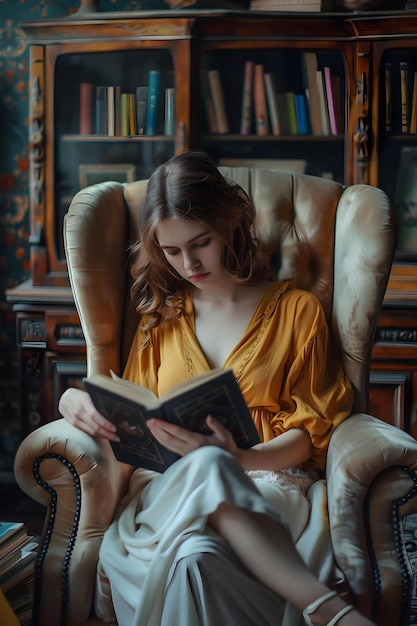 Photo a woman is sitting in a chair with a book in her hand