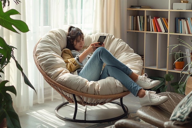 Photo a woman is sitting in a chair with a book on her lap