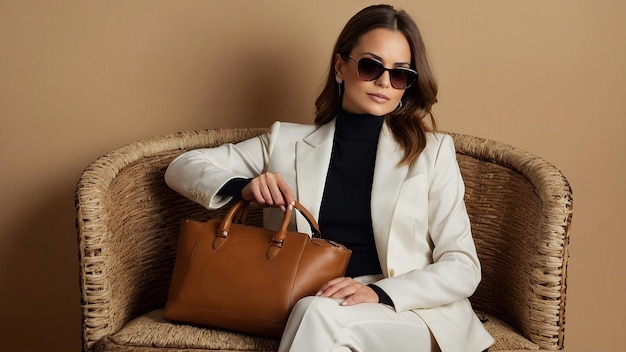 a woman is sitting on a chair with a brown handbag