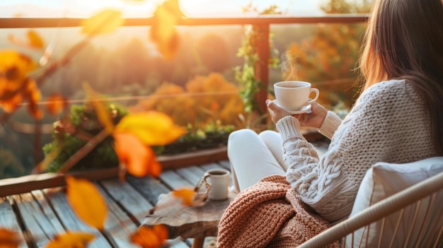 Photo a woman is sitting on a chair with a cup of coffee in her hand