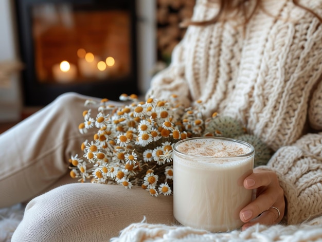 Photo a woman is sitting in a chair with a cup of milk latte with a blanketrelaxation and comfort concept