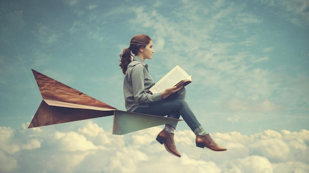 Photo a woman is sitting on a cloud reading a book