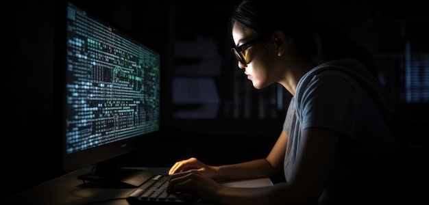 A woman is sitting at a computer and is typing on a keyboard.