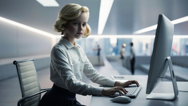 Photo a woman is sitting at a computer and she is wearing a white shirt