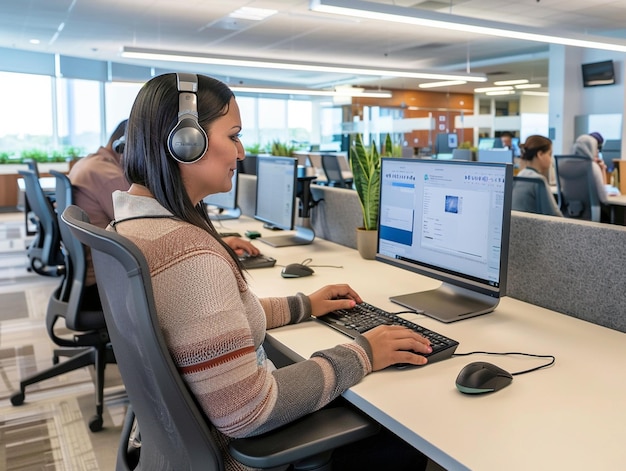 Photo a woman is sitting at a computer with headphones on her