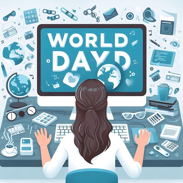 Photo a woman is sitting at a computer with a world day written on the screen