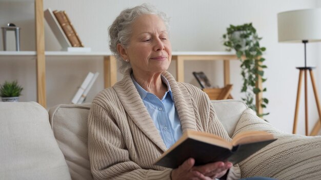 Photo a woman is sitting on a couch and is reading a book