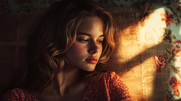 Photo a woman is sitting on a couch and looking at a lamp