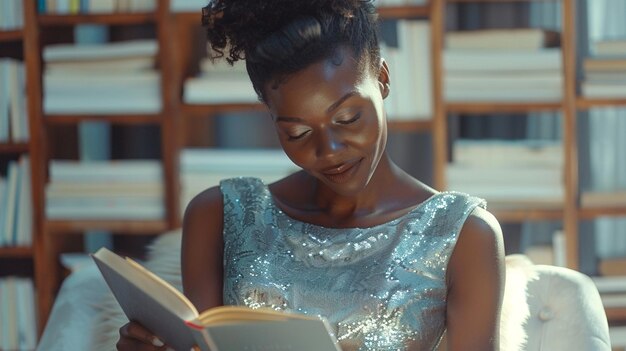 a woman is sitting on a couch and reading a book