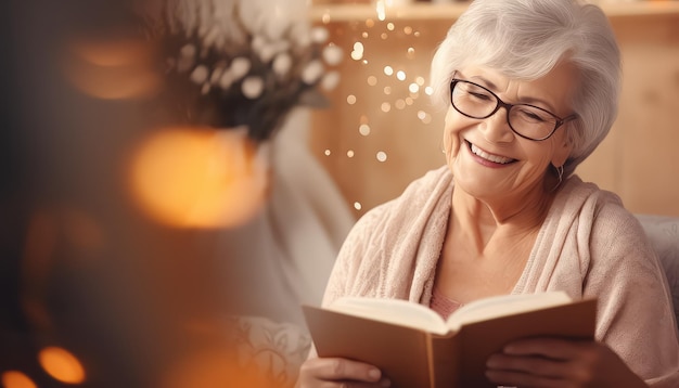 A woman is sitting on a couch with a book in her lap