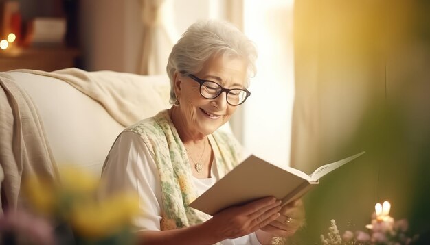 A woman is sitting on a couch with a book in her lap