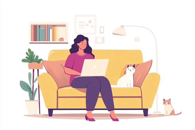 Photo a woman is sitting on a couch with a laptop and a cat on her lap