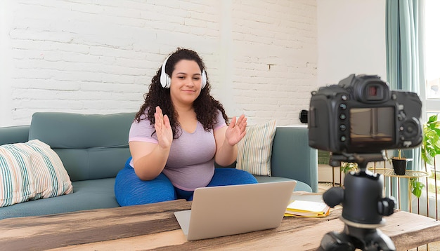 A woman is sitting on a couch with a laptop in front of her