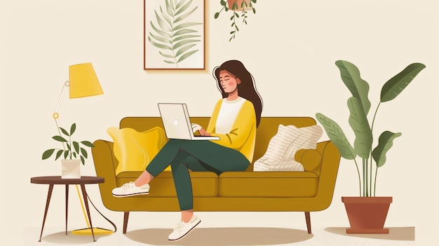 Photo a woman is sitting on a couch with a laptop