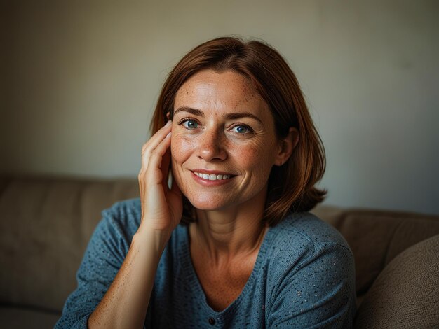 a woman is sitting on a couch with a smile on her face