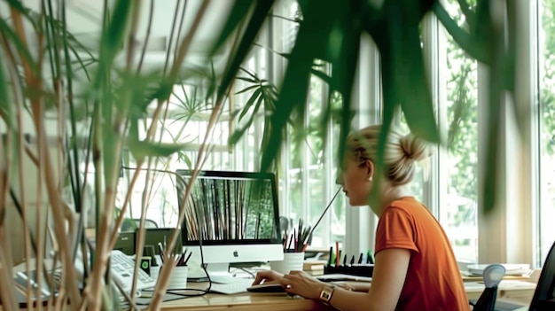 Photo a woman is sitting at a desk in front of a computer monitor