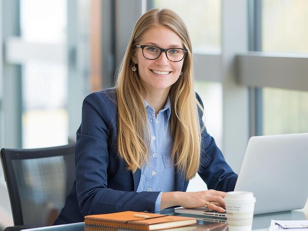 a woman is sitting at a desk with a laptop and a book on her lap