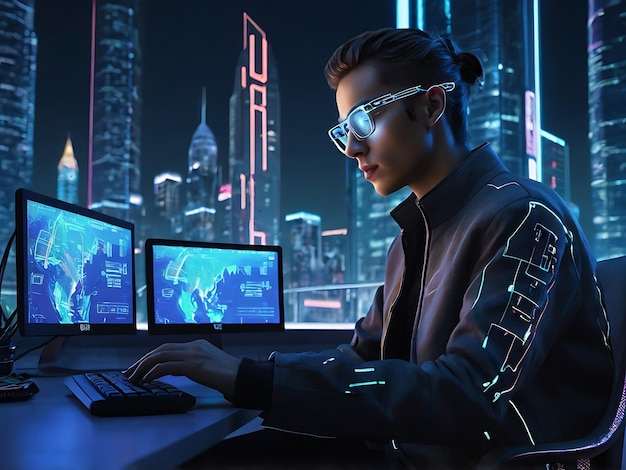 a woman is sitting at a desk with a laptop and a computer with the word u s