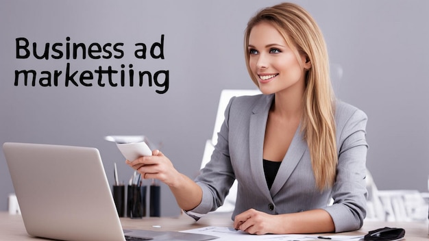 Photo a woman is sitting at a desk with a laptop and a credit card in the background