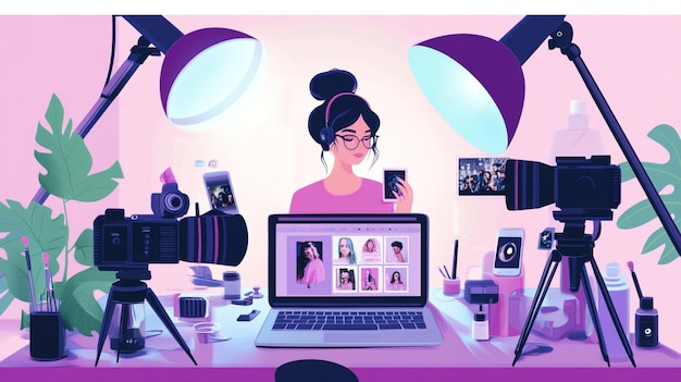 a woman is sitting at a desk with a laptop and a picture of a woman on it