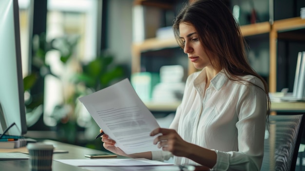 A woman is sitting at a desk with a laptop and a stack of papers