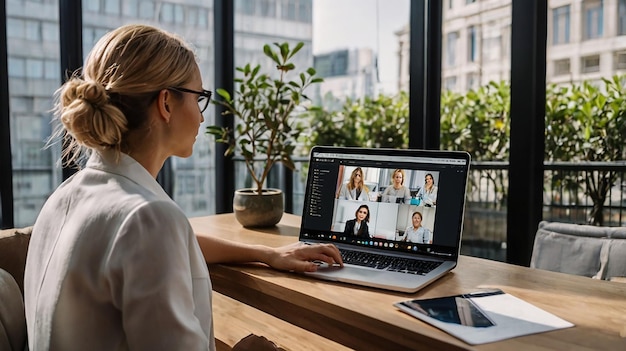 a woman is sitting at a desk with a laptop and a video showing a woman with a picture of four people