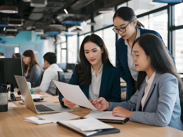 a woman is sitting at a desk with a laptop and a woman in a suit is looking at a piece of paper