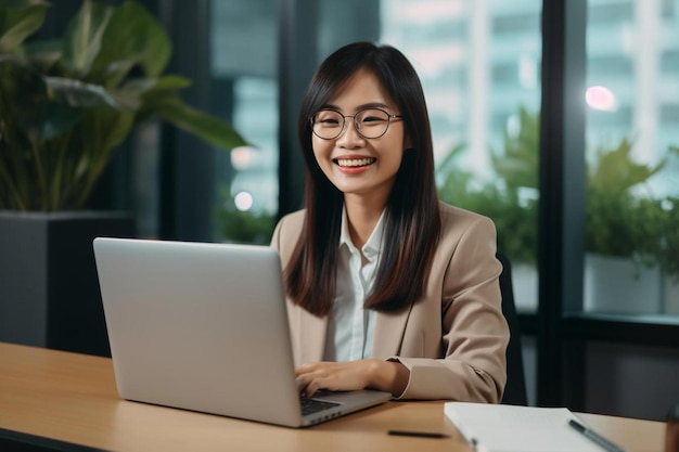 a woman is sitting at a desk with a laptop and the word  on it