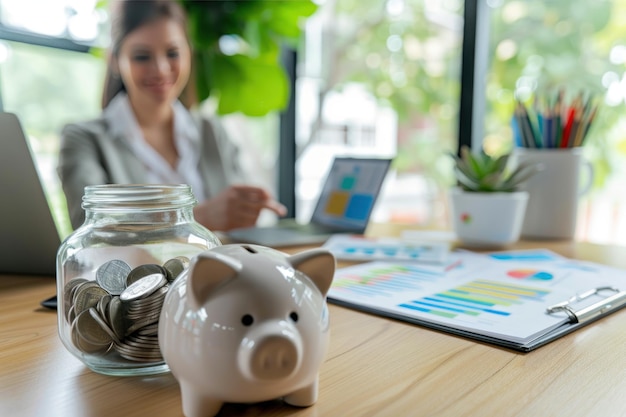 A woman is sitting at a desk with a piggy bank and a jar of coins