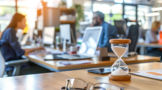 Photo a woman is sitting at a desk with a sand timer on it