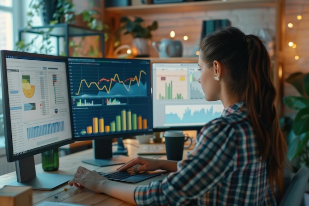 A woman is sitting at a desk with two computer monitors and a laptop