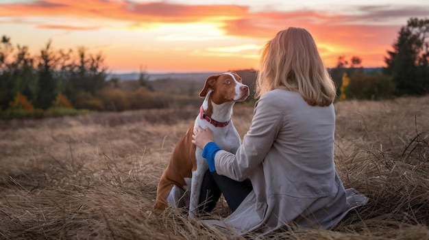 a woman is sitting in a field with a dog and the sunset behind her