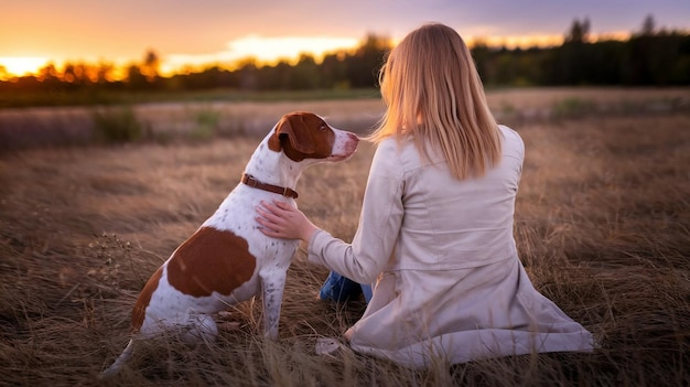 a woman is sitting in a field with a dog