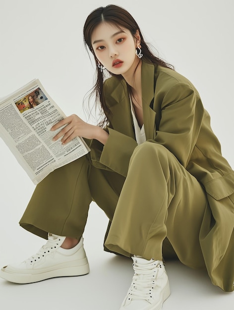 Photo a woman is sitting on the floor and reading a newspaper