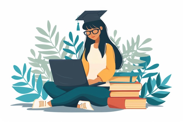 Photo a woman is sitting on the floor with a laptop and a stack of books