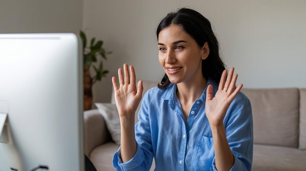 a woman is sitting in front of a computer monitor with her hands up