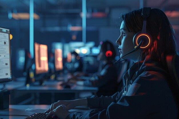 a woman is sitting in front of a computer with the lights on