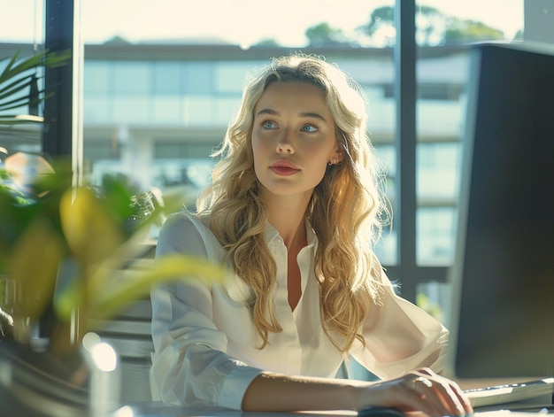 a woman is sitting in front of a computer with a plant in the background