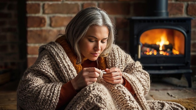 Photo a woman is sitting in front of a fireplace and smoking a cigarette