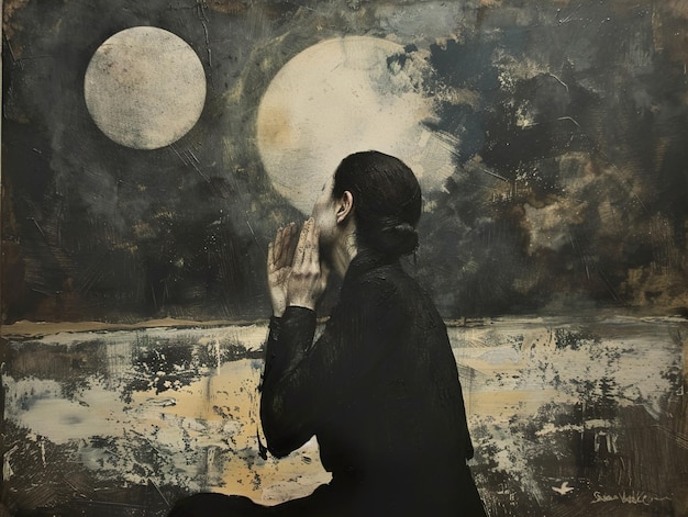 a woman is sitting in front of a full moon