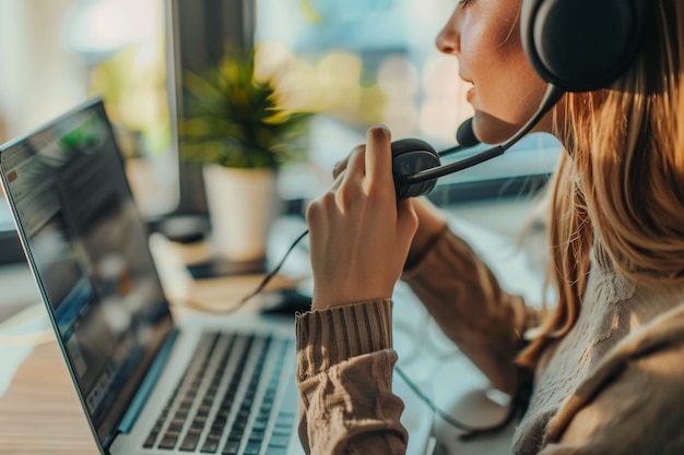 a woman is sitting in front of a laptop and she is wearing headphones