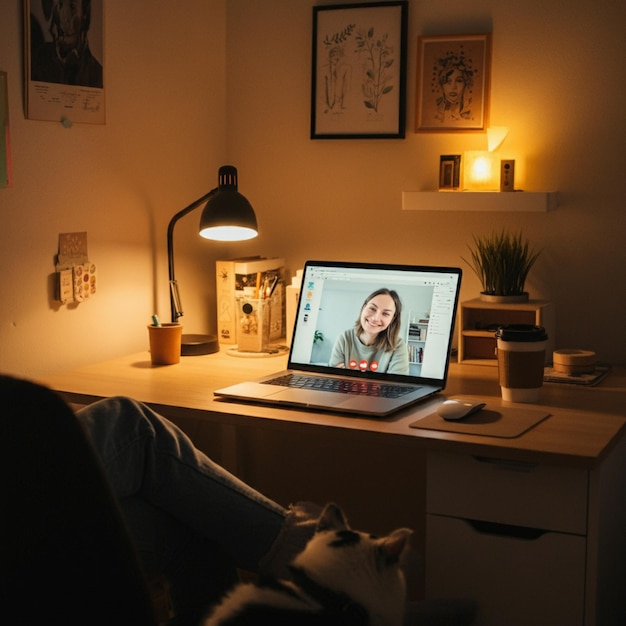 a woman is sitting in front of a laptop with a picture of a woman on the screen