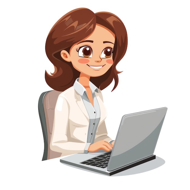 a woman is sitting in front of a laptop with a smile on her face