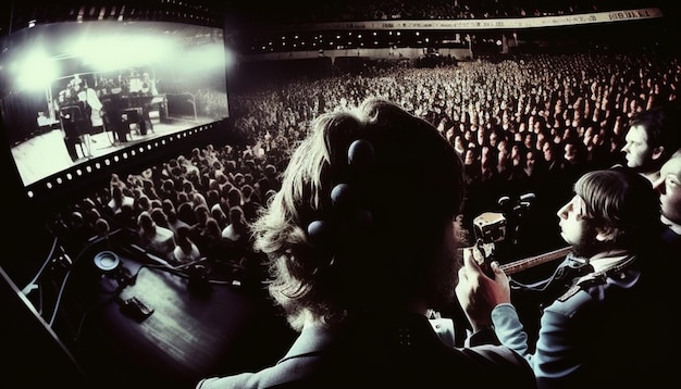 Photo a woman is sitting in front of a large audience with a large audience behind her