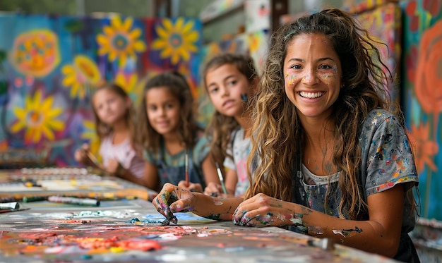 Photo a woman is sitting in front of a painting that says quot the word quot on it